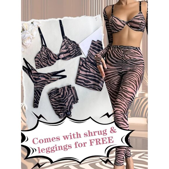 🆕Women’s Coffee Mesh Lingerie Set Animal Print Lace Bra Panty Set Polyester - Picture 5 of 6